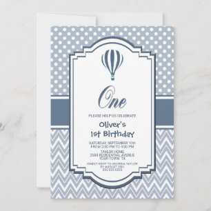1st Birthday Grey Hot Air Balloon Party Invitation