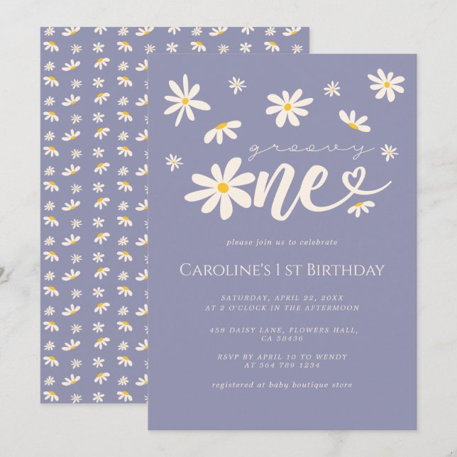  1st Birthday Groovy One Daisy Boho Purple Invitation (Front/Back)