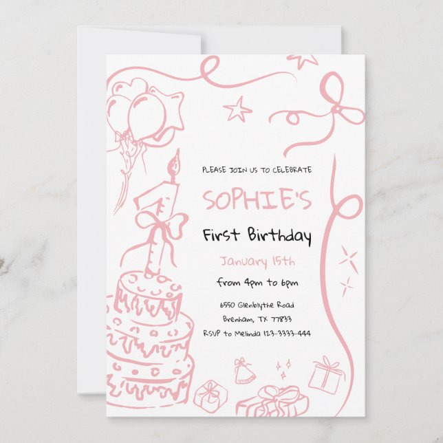 1st Birthday Hand Drawn Invitation, Birthday  Invitation (Front)