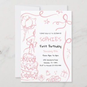 1st Birthday Hand Drawn Invitation, Birthday  Invitation