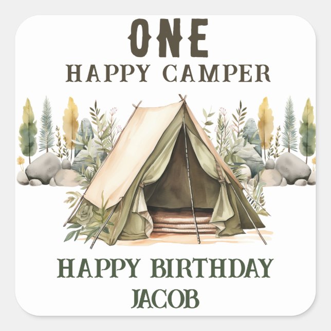 1st Birthday Happy Camper Kids Birthday Party Square Sticker (Front)