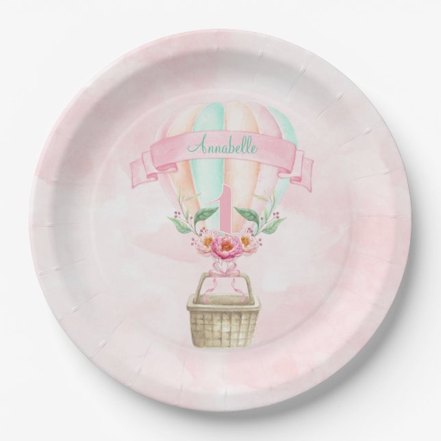 1st Birthday Hot Air Balloon Mint Pink Peach Paper Plate (Front)