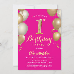 1st Birthday Hot Pink and Gold Balloons Confetti Invitation