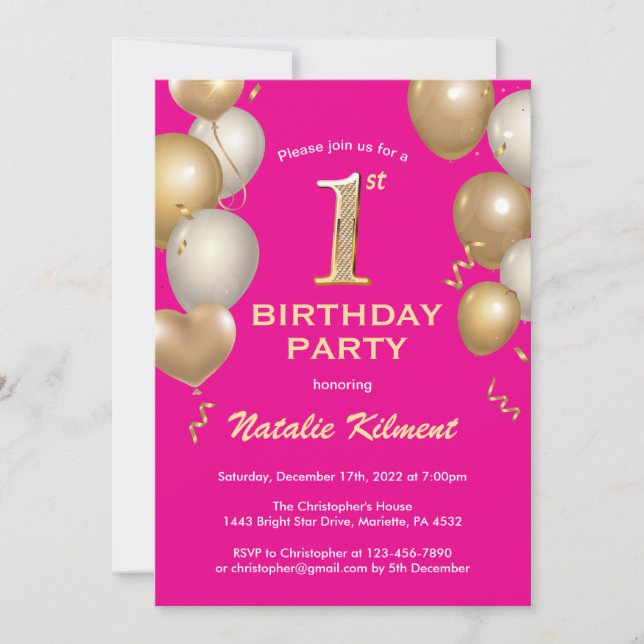 1st Birthday Hot Pink and Gold Glitter Balloons Invitation (Front)