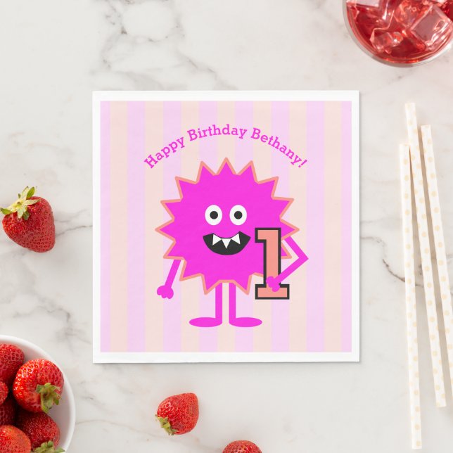 1st Birthday Hot Pink Girl Monster Cute Bold Fun Napkin (Insitu)
