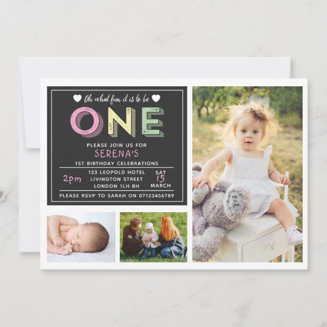 1st birthday invitation - 3 photo design (Front)