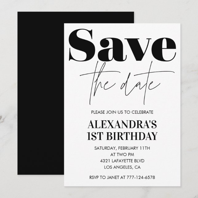 1st birthday invitation Black White Save the date (Front/Back)