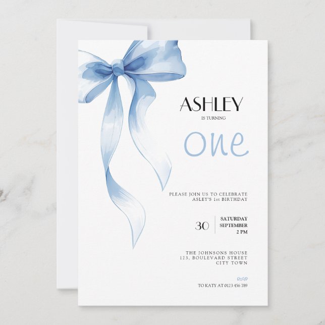 1st Birthday Invitation Blue Bow for Girls (Front)