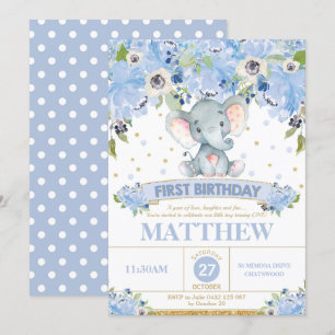 1st Birthday Invitation Boy Cute Elephant Blue
