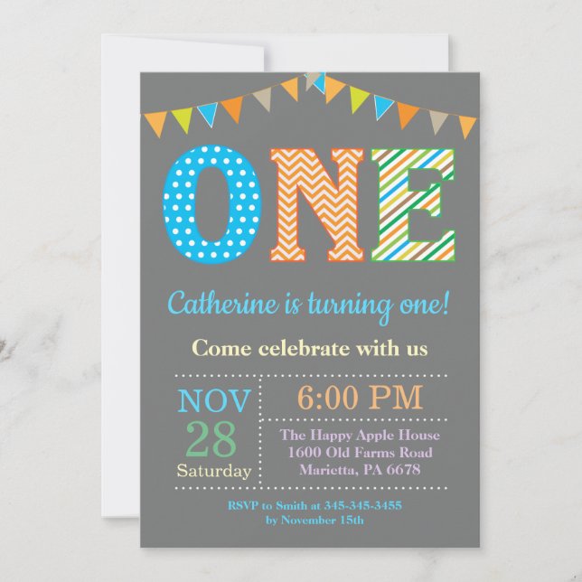 1st Birthday Invitation. Boy First Birthday Invitation (Front)