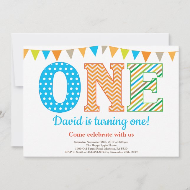 1st Birthday Invitation. Boy First Birthday Invitation (Front)