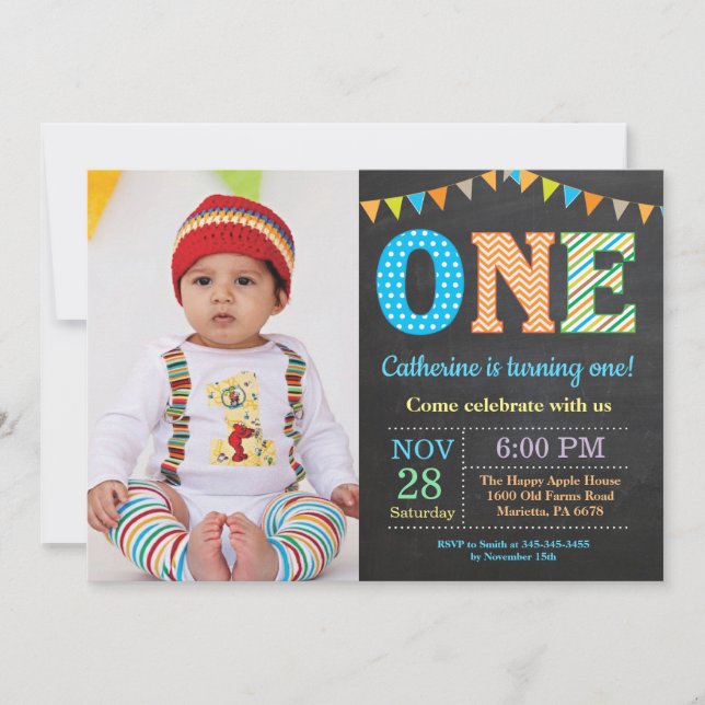 1st Birthday Invitation. Boy First Birthday Photo Invitation (Front)
