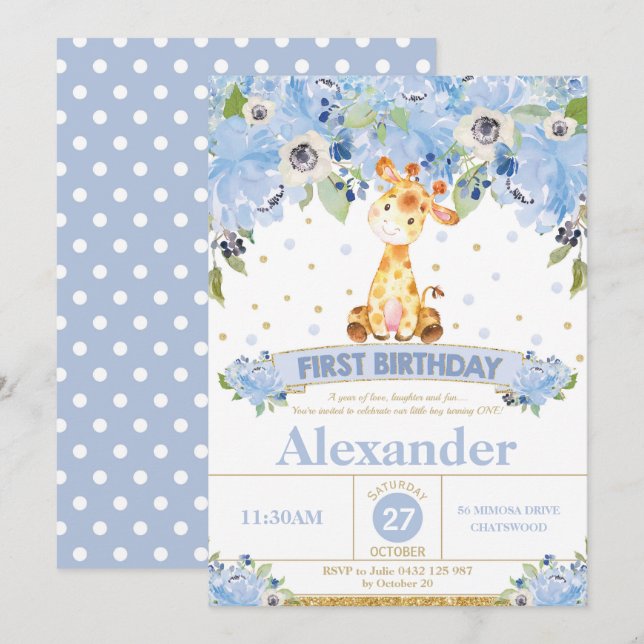 1st Birthday Invitation Boy Giraffe Blue Floral (Front/Back)