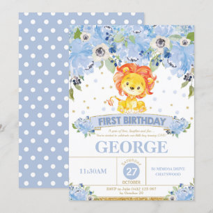 1st Birthday Invitation Boy Lion Blue Floral