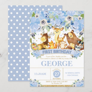 1st Birthday Invitation Boy Woodland Animals Blue