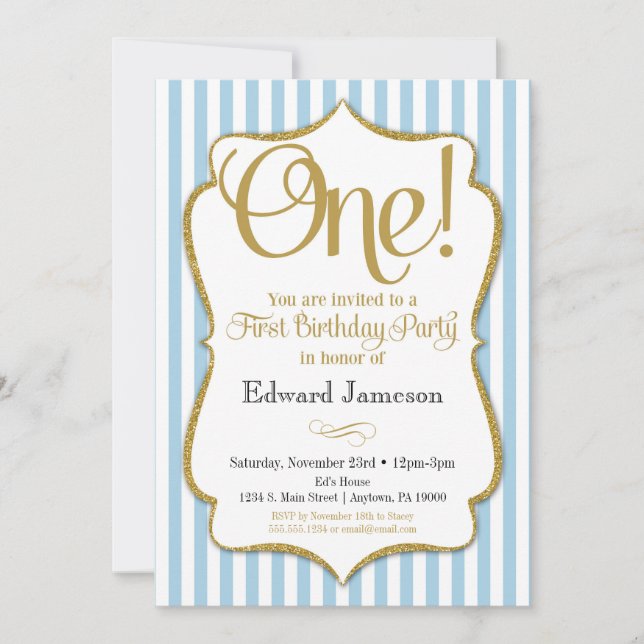1st Birthday Invitation Boys First Blue Gold (Front)