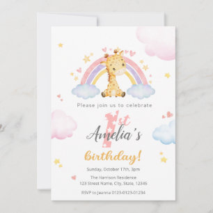 1st Birthday Invitation - Cute Giraffe and Rainbow