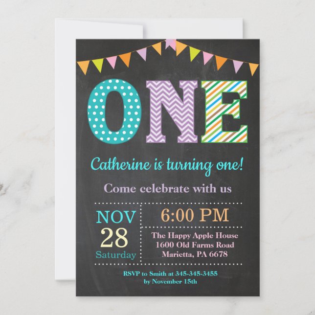 1st Birthday Invitation. Girl First Birthday Invitation (Front)