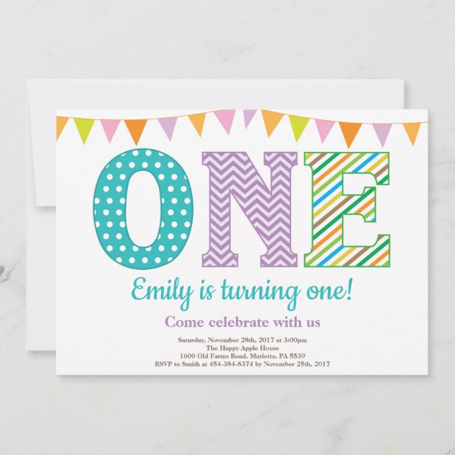 1st Birthday Invitation. Girl First Birthday Invitation (Front)