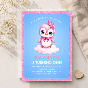 1st Birthday Invitation Girl Penguin Princess