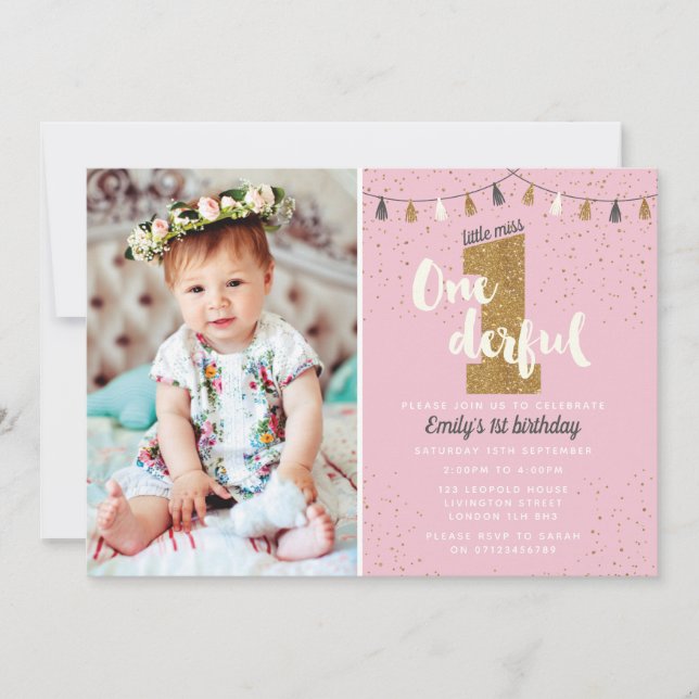 1st birthday invitation - girls glitter party (Front)