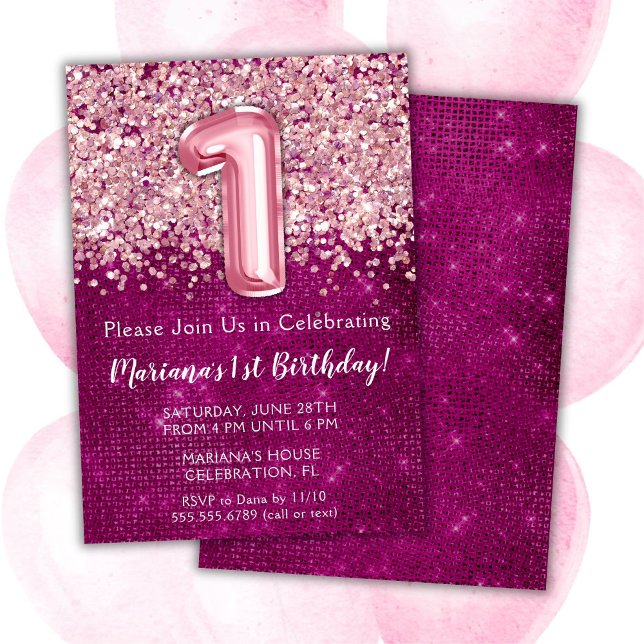 1st Birthday Invitation Girly Magenta Pink Glitter (Creator Uploaded)