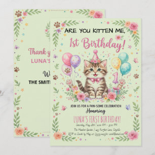1st Birthday Invitation, green Floral Girls Kitty Invitation