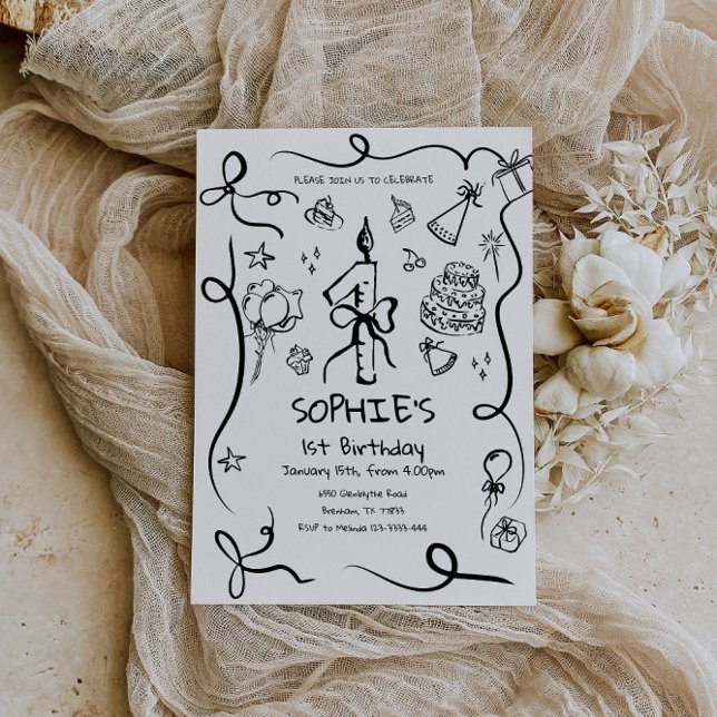 1st Birthday Invitation, Hand Drawn 1st Birthday  Invitation (Creator Uploaded)