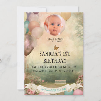 1st Birthday Invitation, personalised foto GIRL Invitation