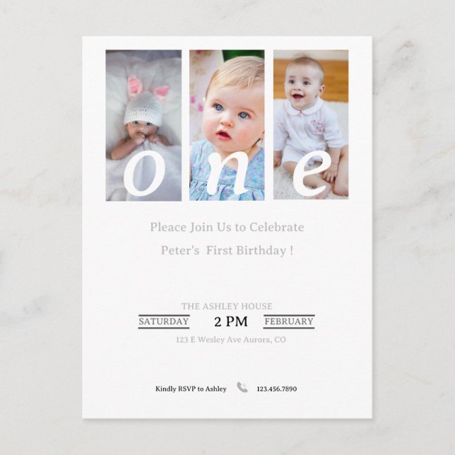1st Birthday Invitation Photo Boy, Party Invition Postcard (Front)