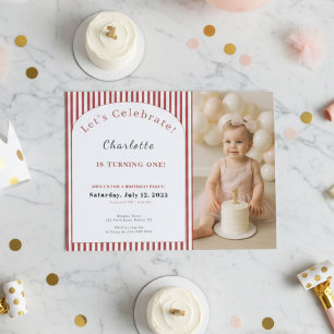 1st Birthday Invitation • Photo Template Red Strip