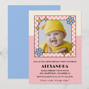 1st birthday invitation Retro Groovy Pink Flowers