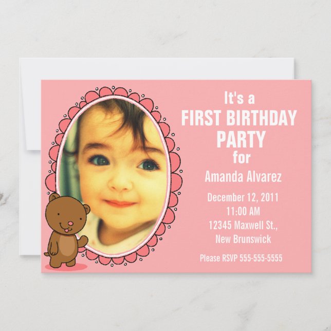 1st Birthday Invitation - Teddy Bear Pink (Front)