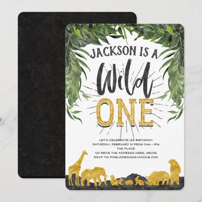 1st Birthday invitation, Wild One, Jungle animal Invitation (Front/Back)