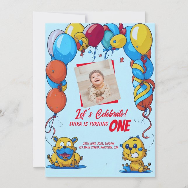 1st Birthday invitation with cartoons & balloons (Front)