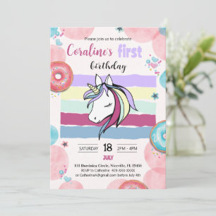 1st birthday invitation with cute unicorn.