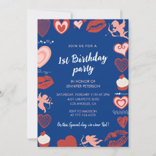 1st birthday invitations Blue Cute Hearts