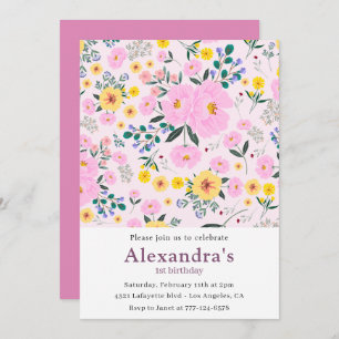 1st birthday invitations Boho Floral Pink