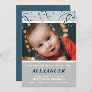 1st birthday invitations Boy Confetti Photo Navy