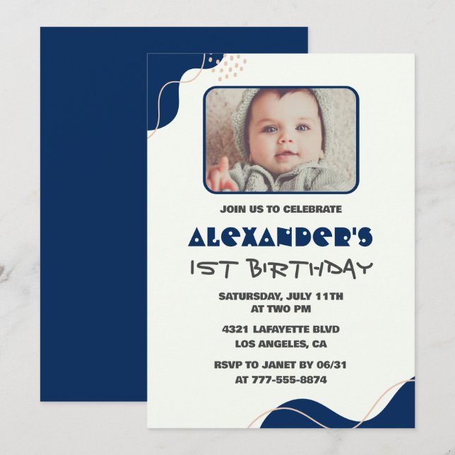 1st birthday invitations Boy Navy Simple Photo (Front/Back)
