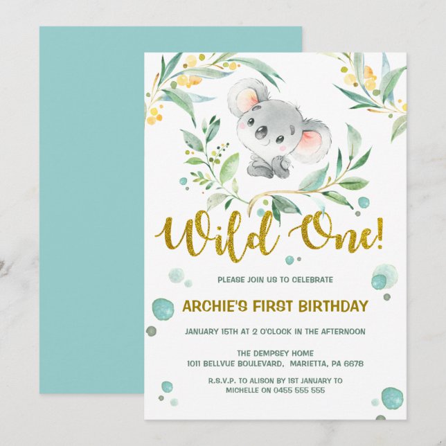 1st Birthday Invitations | Cute Koala Wild One (Front/Back)