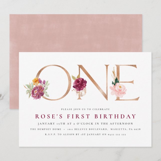 1st Birthday Invitations | Floral Rose Gold (Front/Back)