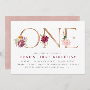 1st Birthday Invitations   Floral Rose Gold