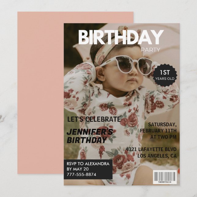 1st birthday invitations Girl Magazine Cover (Front/Back)