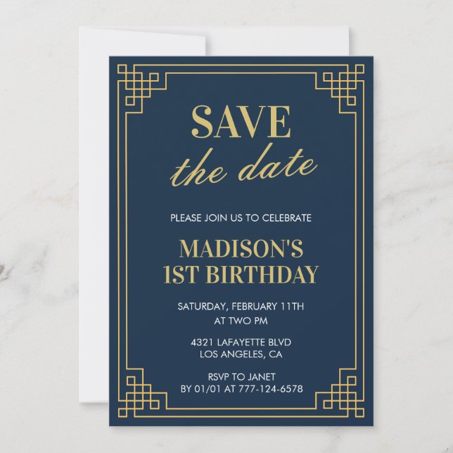 1ST birthday invitations Girl Save the date Navy (Front)