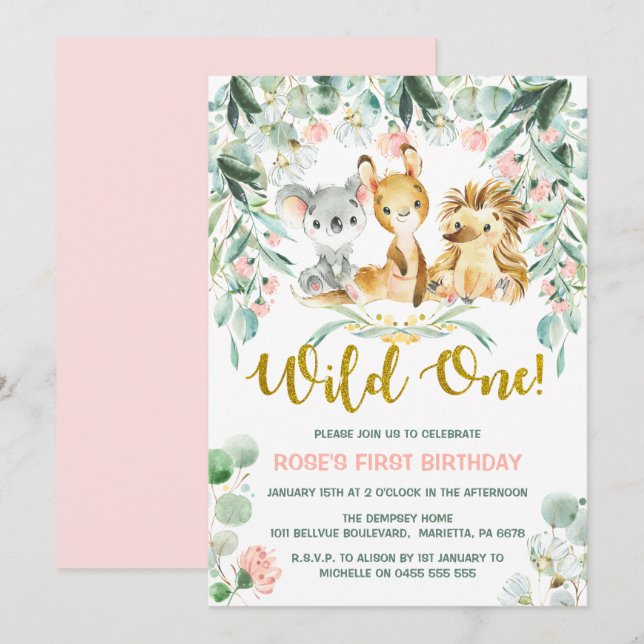 1st Birthday Invitations | Pink Jungle Babies (Front/Back)