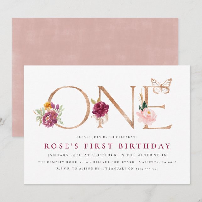 1st Birthday Invitations | Saffron Rose Butterfly (Front/Back)