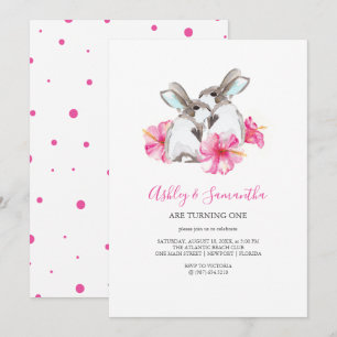 1st Birthday Invitations Twins Girl Pink Woodland