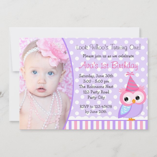 1st Birthday Invitations with Photo (Purple Owl) (Front)