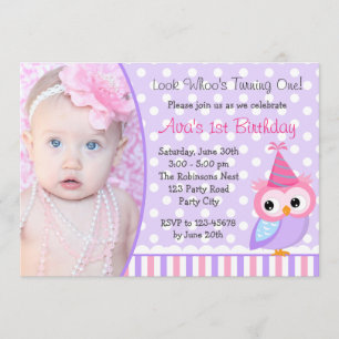 1st Birthday Invitations with Photo (Purple Owl)
